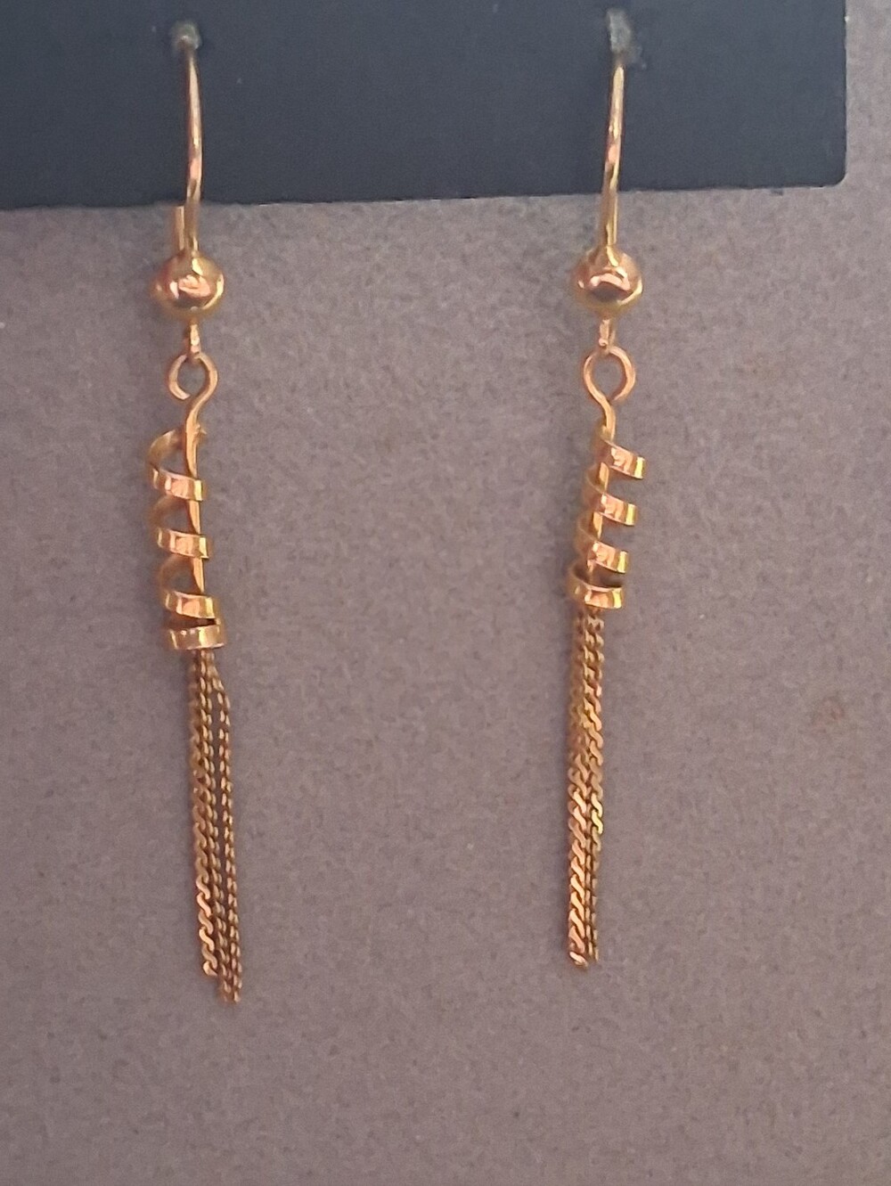 18K VTG yellow gold spiral tassel multi chain dangle drop earrings signed 750